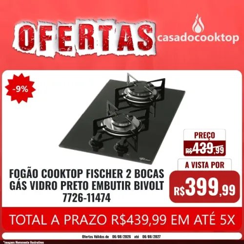 FOGÃO COOKTOP FISCHER 2 BOCAS GÁS VIDRO PRETO EMBUTIR BIVOLT *4