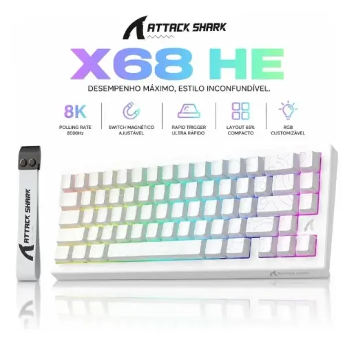 Teclado Magnético ATTACK SHARK X68 HE Rapid Trigger 8000Hz 66 Teclas RGB Branco | NOVO