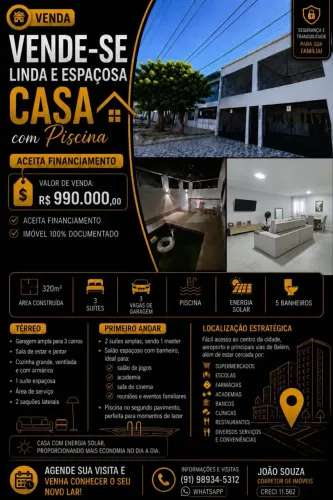 Vendo casa na Pedreira com 320 m2 3 suítes piscina placa solar Próximo ao Líder - Belé