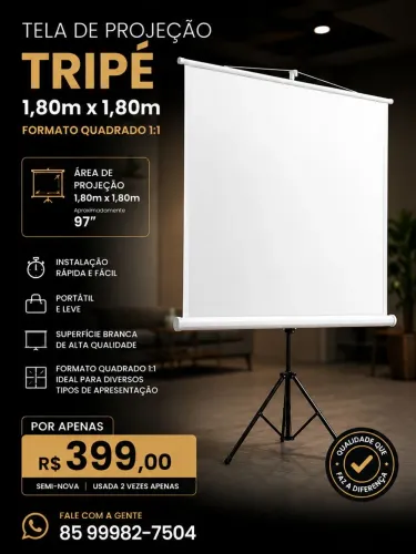 Tela de Projeção Tripé 1,80m x 1,80m (Aprox. 97") Formato Quadrado 1:1<br><br>Valor R$499,00