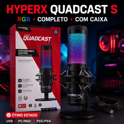 Microfone HyperX QuadCast S RGB USB com caixa e acessórios