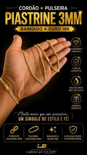 CORDÃO + PULSEIRA PIASTRINE 3MM - BANHADO A OURO 18K