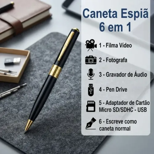 Caneta Espiã Filma Fotografa Grava Áudio Pen Drive 8GB USB Discreta 1080p - Ate 8gb