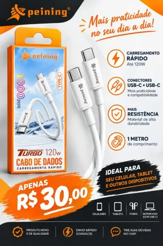 Cabo USB-C para USB-C Turbo 120W - R$ 30,00