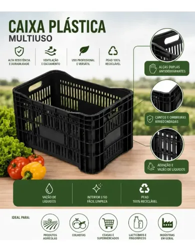 Caixa de Plástico Hortifrúti Preta