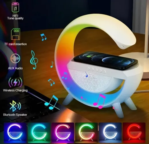 Caixa de Som Luminária LED RGB + Carregador por Indução G-Speaker