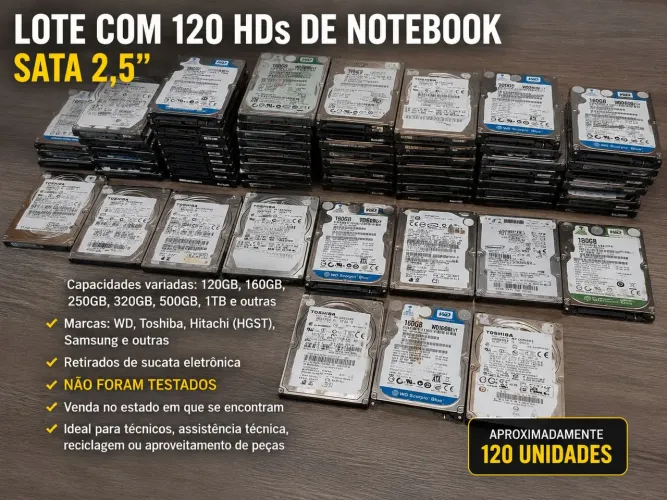 Lote com 120 HDs de Notebook SATA 2,5" - Sem Teste - Sucata