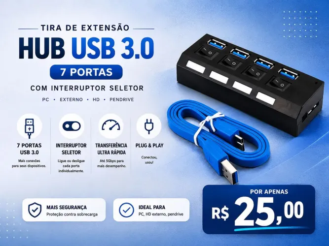 Extensão USB 3.0 de 4 a 7 Portas (PC/Ps5/Xbox)