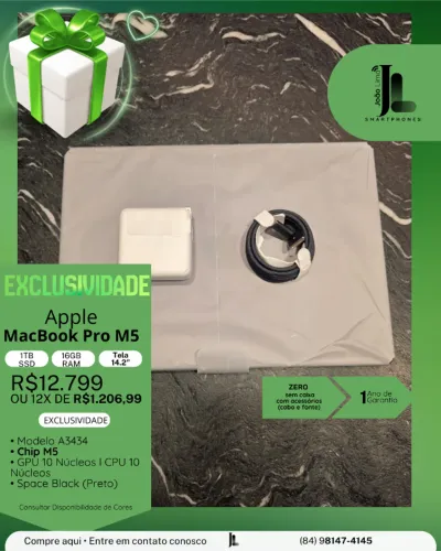 MACBOOK PRO M5, 1TB SSD, 16GB RAM, TELA 14.2 POL. ZERO, SEM CAIXA, EXCLUSIVO!