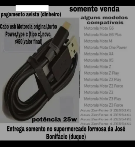 Cabo usb Motorola original turbo Power tipo c novo r$50(valor final)