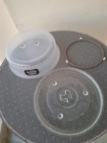 Kit para micro-ondas com prato giratório 27cm, suporte de roletes e tampa plástica 26cm