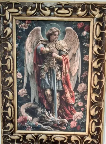 Quadro "Sao Miguel Arcanjo" pintura sobre tela com cobertura a base da pintura cusquenha