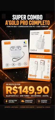 Fone Bluetooth A'Gold FN-BA5 Original ANATEL + Carregador Turbo 30W + Cabo 6A