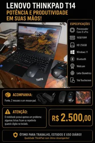 Notebook Lenovo Thinkpad T14 Touchscreen Core i5vPro, 16GB ram, SSD 256GB R$2.500