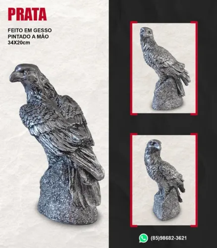 Águia De Gesso Decorativa Prateada- 34x20cm Prata