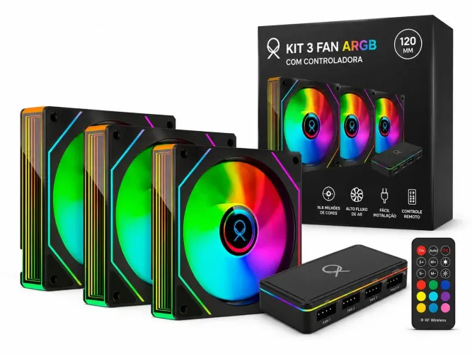 KIT Cooler FAN ARGB OX 120mm para Gabinete Gamer + Controladora. 