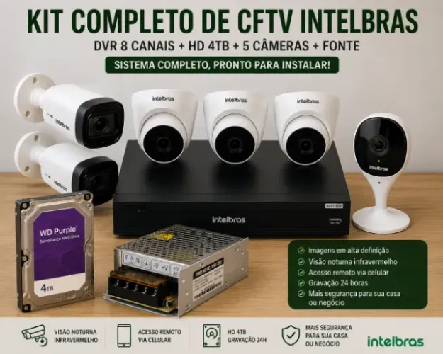 Sistema Completo de CFTV Intelbras - DVR + HD 4TB + 7 Câmeras