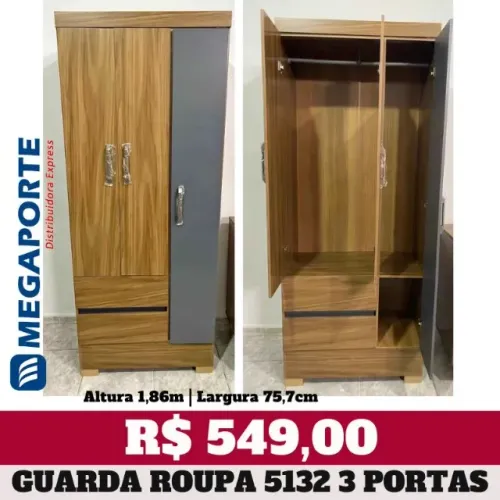 Guarda Roupa Solteiro 3 Portas 2 Gavetas com Pés (Novo) Entrega Grátis!