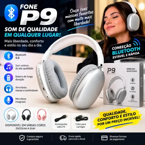 Fone de Ouvido Bluetooth P9 Prata Sem Fio Wireless Headphone