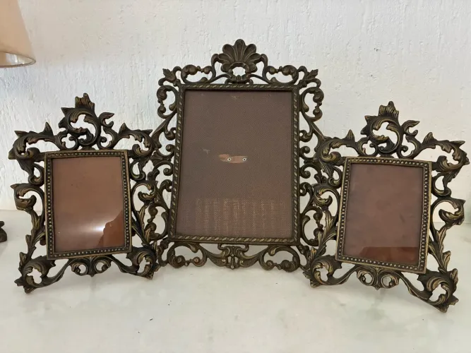 Elegante trio de porta retratos vintage 8x12 e 22x16 em bronze