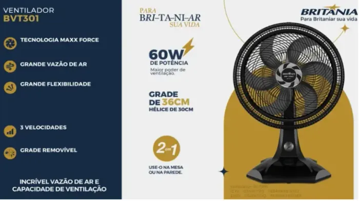 Ventilador BVT301 Tecnologia Maxx Force 3 velocidades 60W Britânia 110V