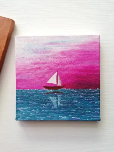 Pintura a óleo barco, céu rosa azul