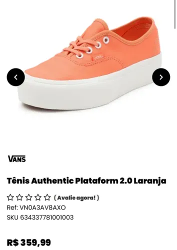 Tênis Vans Authentic Plataform 2.0 Laranja