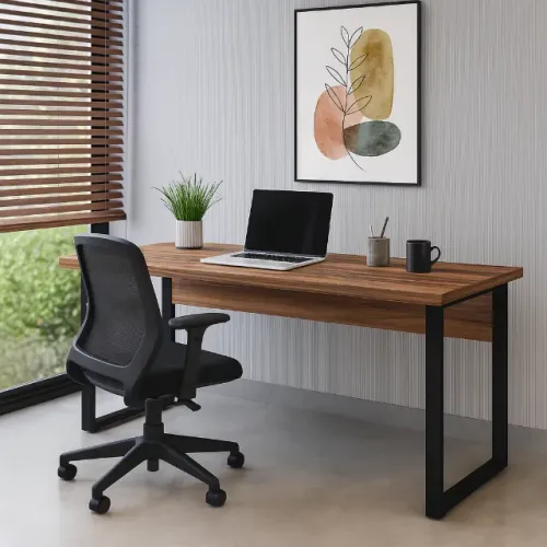 Mesa Escritório Industrial Premium Tampo Reforçado Amadeirada Nogal Sevilha Preto 24474