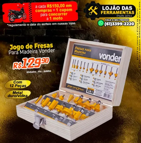 Jogo de Fresas Para Madeira Com 12 Peças Vonder