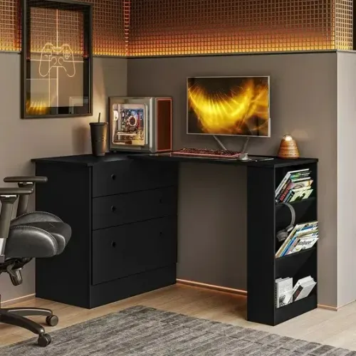 Mobilidade e Organização Cômoda Gamer com Mesa Giratória Integrada 3 Gavetas e 3 Prateleir