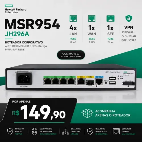 Roteador HPE MSR954 JH296A Gigabit SFP VPN Firewall Corporativo 4 LAN 2 WAN