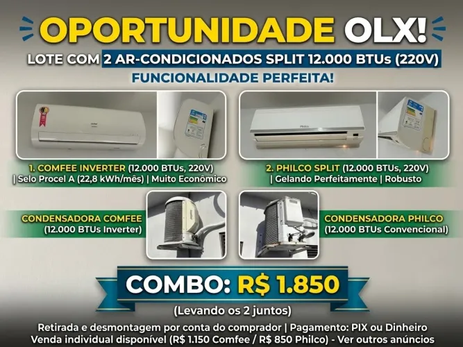 2 Ar-Condicionados Split 12.000 BTUs (Comfee Inverter + Philco) 220V