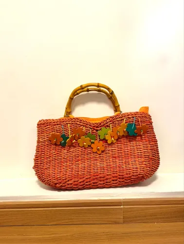 bolsa de praia palha vintage flores vermelha