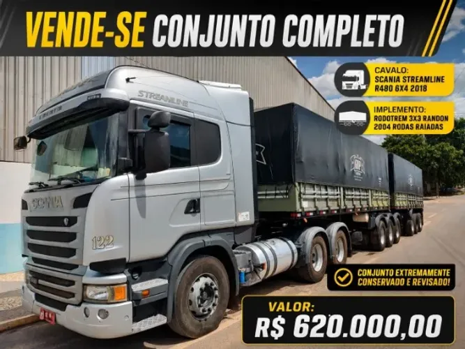 VENDE-SE CONJUNTO COMPLETO SCANIA R480 6X4 2018 E CARRETA RANDON 9 EIXOS 2004