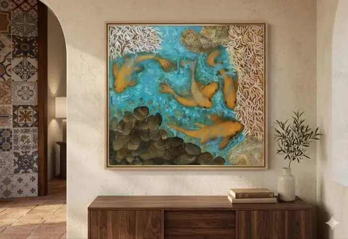 Tela/quadro: Carpas Douradas. Dimensões: 73x80