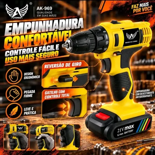 FURADEIRA E PARAFUSADEIRA SEM FIO ALTOMEX AK-969 21V - KIT COMPLETO