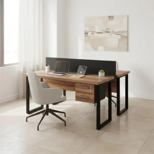 Estação Trabalho 02 Lugares 1,50x1,35 com Gavetas Tomada Pé Quadro Nogal 63099 Pro Office