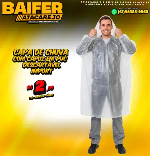 Capa de Chuva Com Capuz em PVC Descartável Import