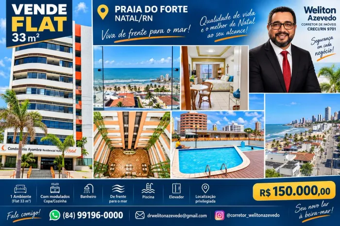 FLAT 33M2 CONDOMÍNIO AYAMBRA QUARTO, BANHEIRO, COPA/COZINHA, PISCINA, ELEVADOR, FRENTE MAR