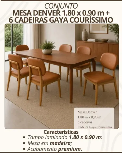 Conjunto Mesa denver 1,80x0,90m tampo laminado mesa madeira c/ 6 cadeiras gaya courissimo