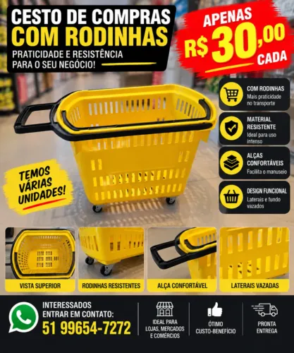 Cesto de Compras com Rodinhas e Alça para Mercado