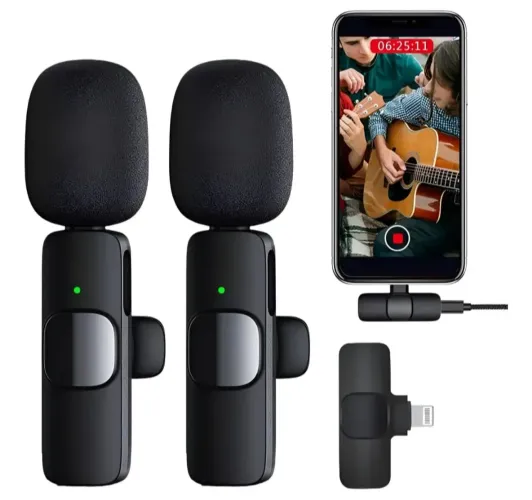 2 Microfones Lapela Sem Fio iPhone K9 Cor Preto