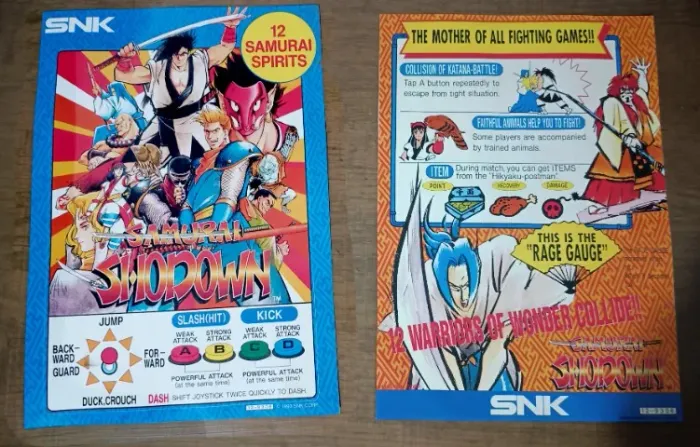 Kit com 2 Folhetos de Comandos originais Samurai Shodown para gabinetes de arcade (MVS)