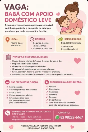  VAGA: BABÁ COM APOIO DOMÉSTICO LEVE