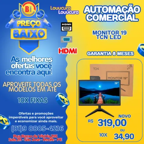 Monitor Led 19 Hd Office 60Hz 5Ms Hdmi E Vga Tcn - Preto - Em ate 10x Fixas
