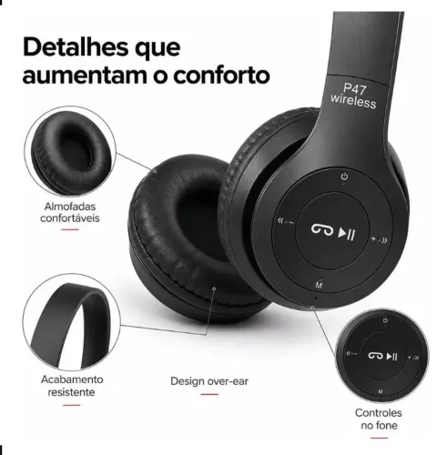 Fone de Ouvido Over-ear P47 Bluetooth sem Fio Preto com Cancelamento de Ruído e Rádio FM