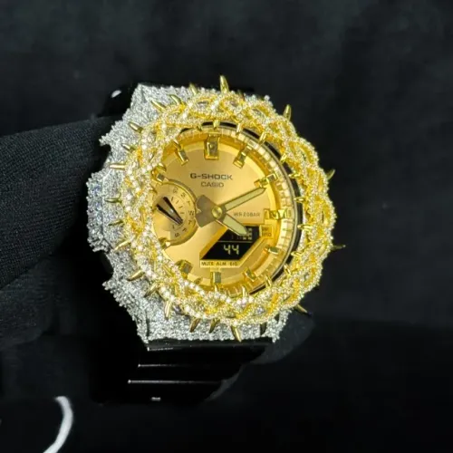 Relógio Cravejado Original - Casio Cravejado Dourado Com Brilhantes Caixa em Prata 925