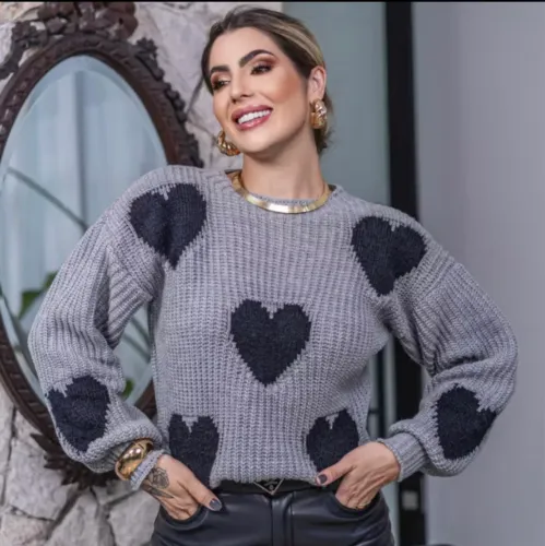 Blusa de tricô coração Lã Manga Longa Bufante Oversize Inverno Frio Tricot tamanho único