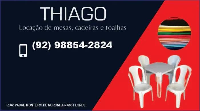 Aluguel de mesas e cadeiras e toalhas.