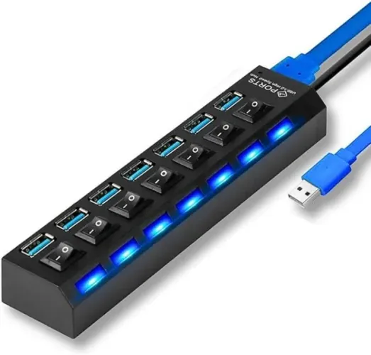 Hub Usb 3.0 7 Portas Extensão Rápida Pendrive Not HD Mouse, LED Indicador, Cabo 50cm